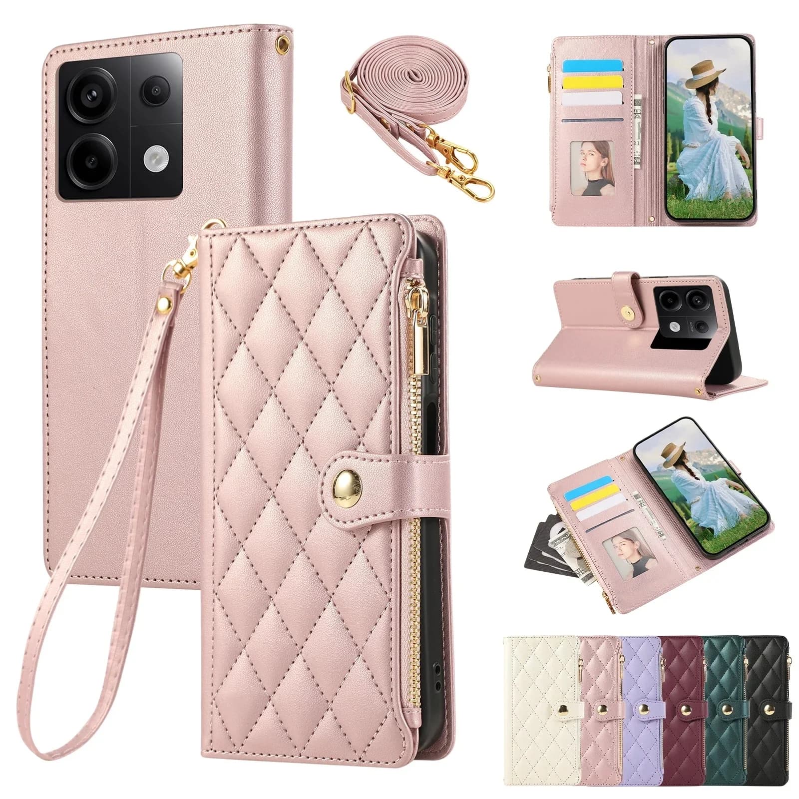 Étui portefeuille en cuir à fermeture éclair pour Xiaomi Redmi Note 15 14 13 Pro Plus 14S 12 11 13C 14C A5 4G, avec cordon, motif diamant