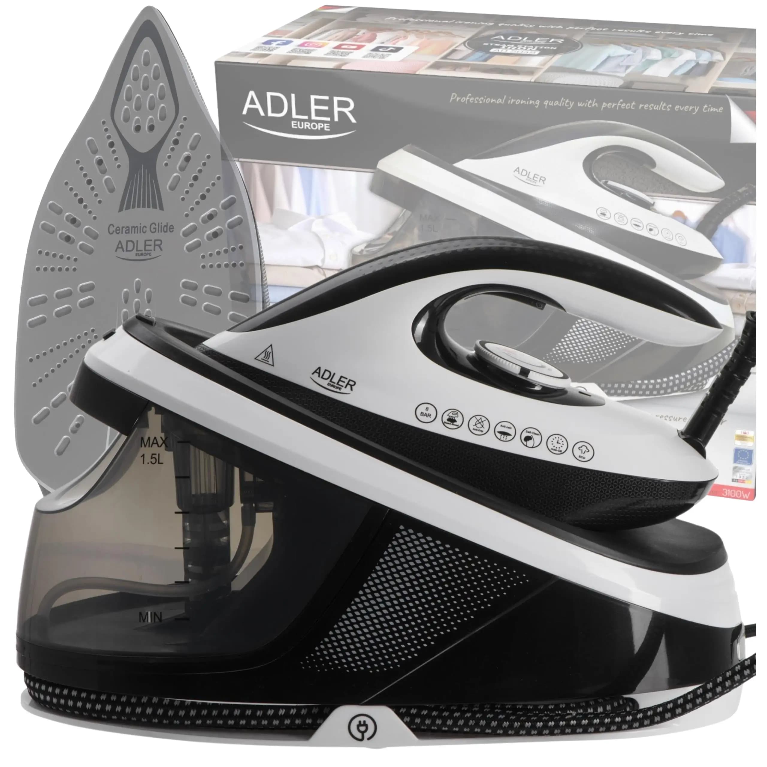 Station de vapeur 3100 W, 8 bars, anti-calcaire, anti-goutte, mode ECO, décharge de vapeur supplémentaire, arrêt automatique, pied en céramique