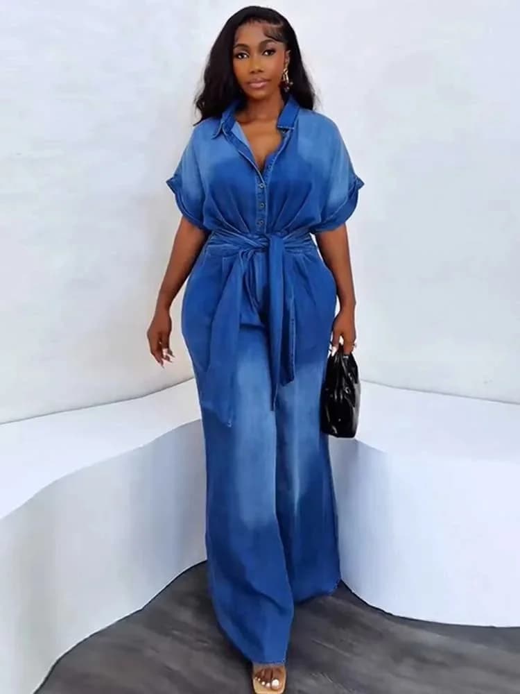 Combinaisons en jean pour femmes, tissu Denim doux, combinaison une pièce, taille haute, bleue, large, avec poches, tenues d'été pour dames