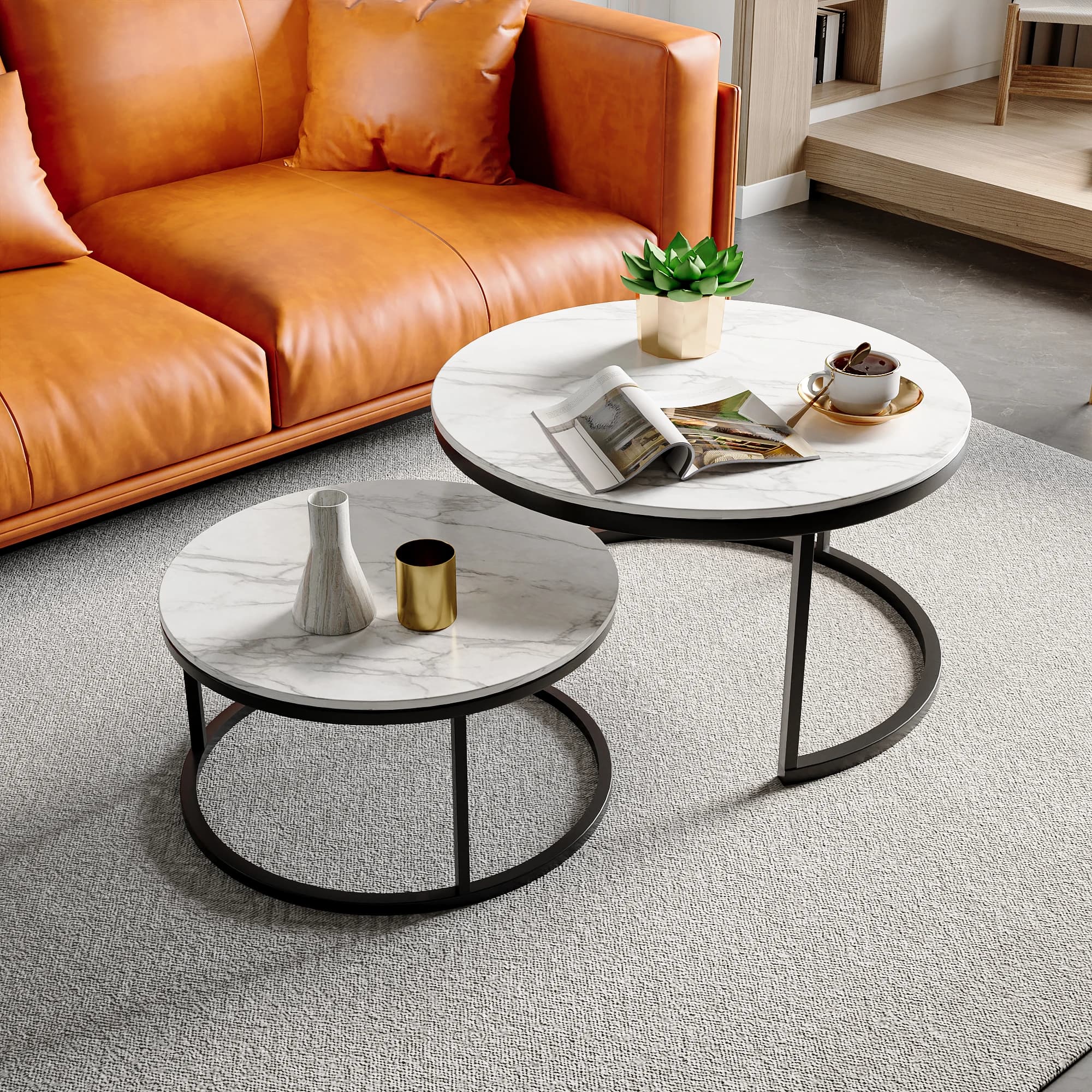 Ensemble de deux tables basses rondes modernes Anajqaqia, pieds en métal, plateau en imitation marbre blanc, pour salon, noir