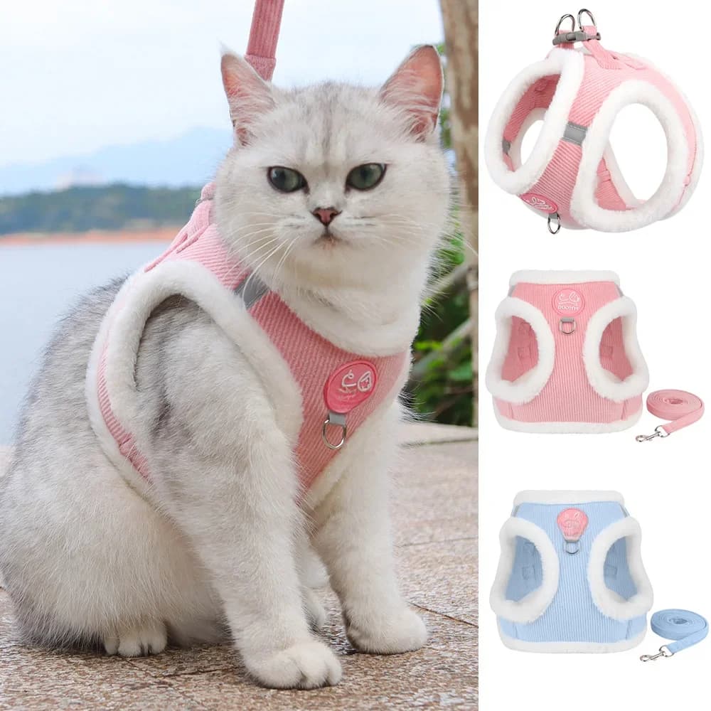 Ensemble Harnais et Laisse en Fourrure de Lapin pour Chat et Chien, Accessoires de Marche Extérieure Hivernale pour Animaux, Réfléchissant et