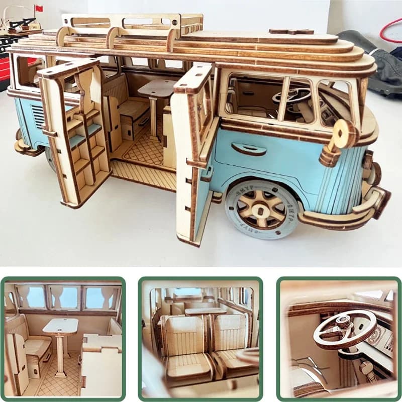 Bus rétro style européen camping-car 3D voiture en bois Puzzle bricolage bateau à voile avion construction maison modèle Puzzle jouets pour