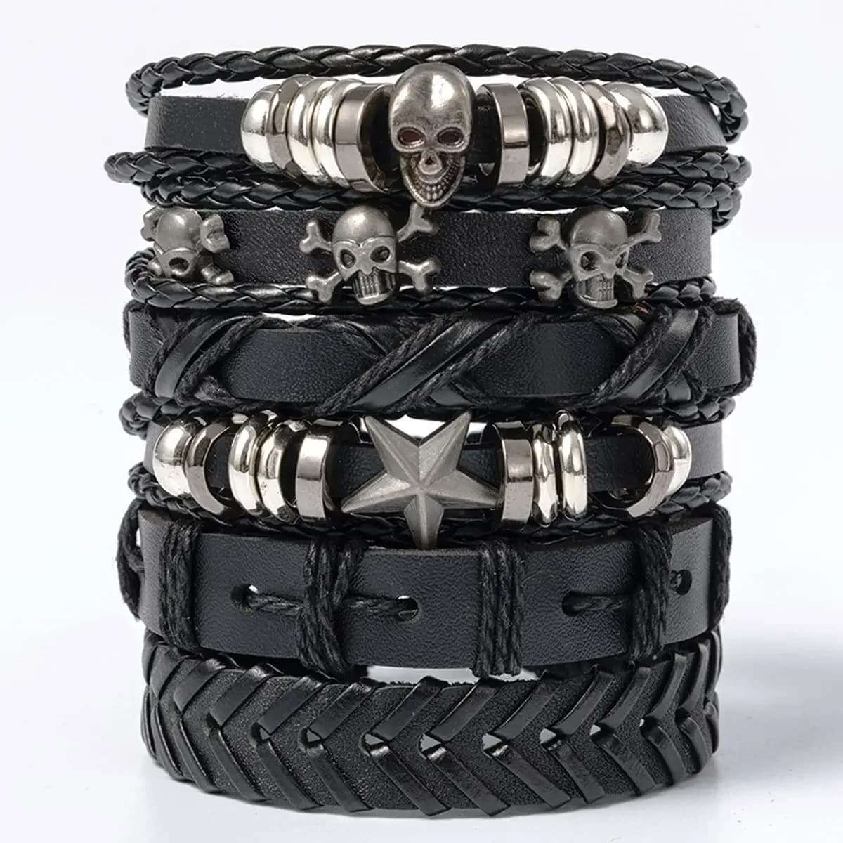 6 pièces/ensemble crâne Punk noir et alliage en forme d'étoile et Bracelet en cuir Pu