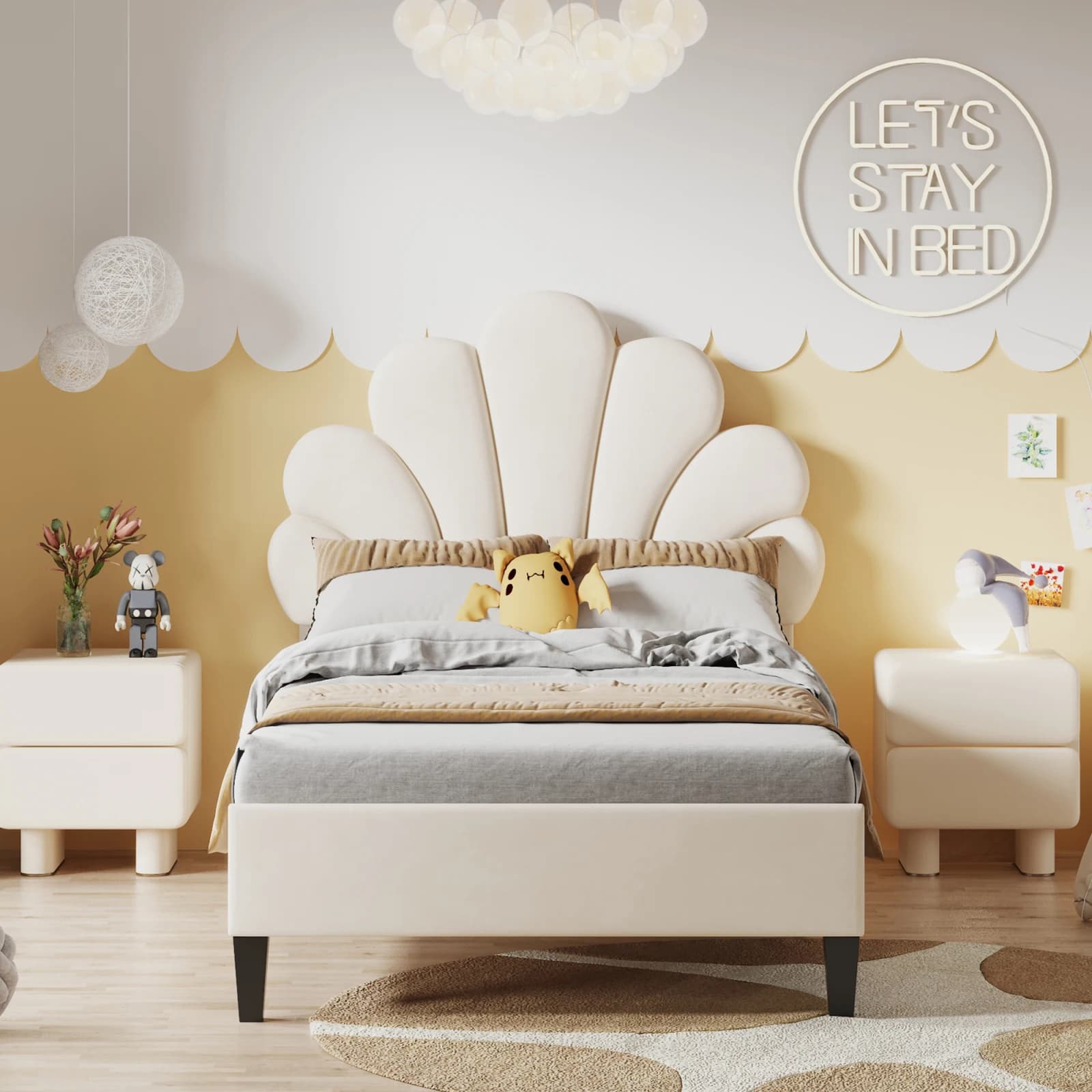 Rosahqnda Lit enfant Lit simple filles Tête de lit réglable en hauteur Tête de lit florale Lit rembourré Enfants Velours