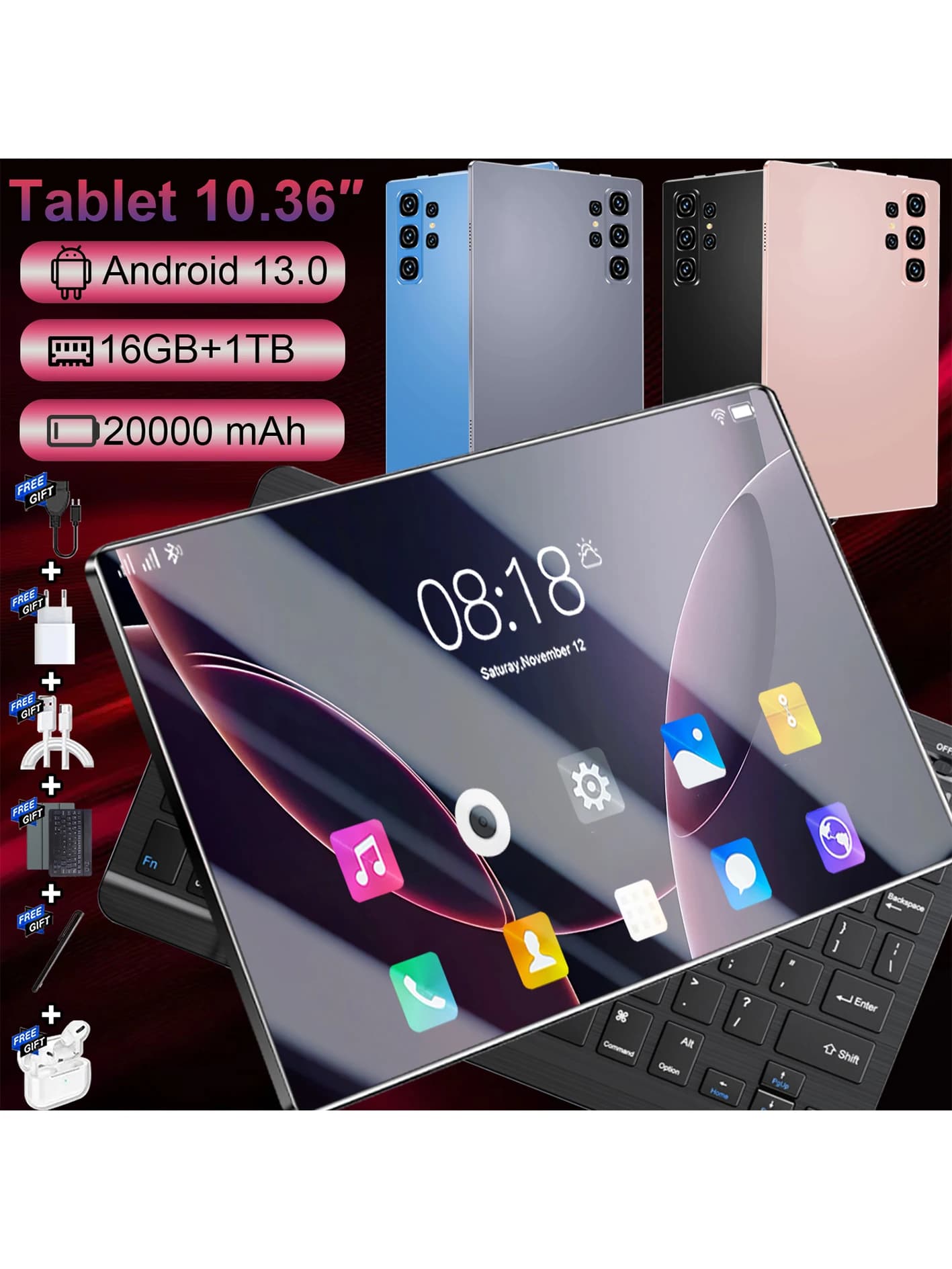 Vente Flash : Tablette Android 13 14 cœurs de 10,36 pouces, économique, 16 Go + 1 To de stockage généreux, batterie surdimensionnée de 20000 mAh,