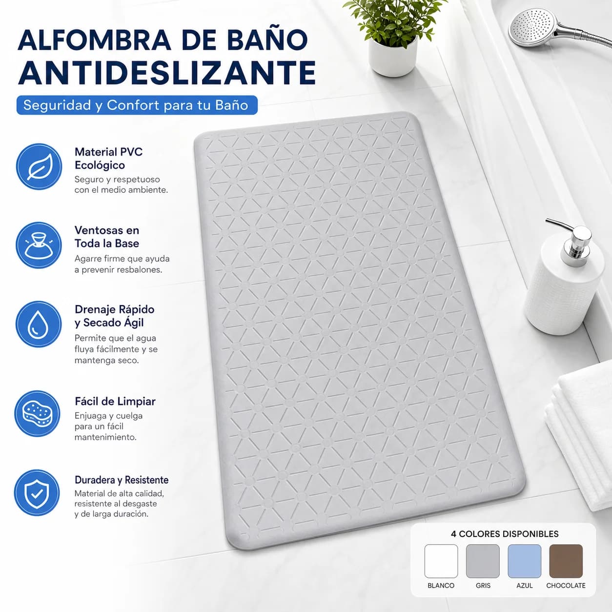 Tapis de bain antidérapant en PVC avec ventouses puissantes, taille 37,5×66 cm, texture diamant, drainage rapide