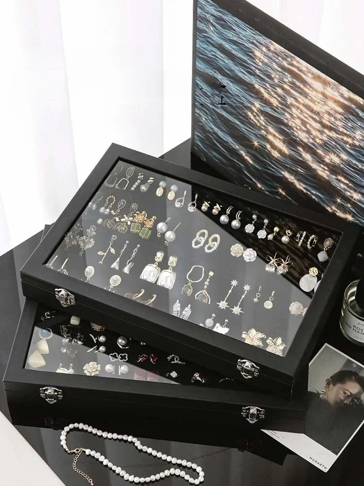 Boîte de rangement de bijoux noire élégante pour boucles d'oreilles, colliers, bagues, bracelets et autres accessoires avec couvercle en verre