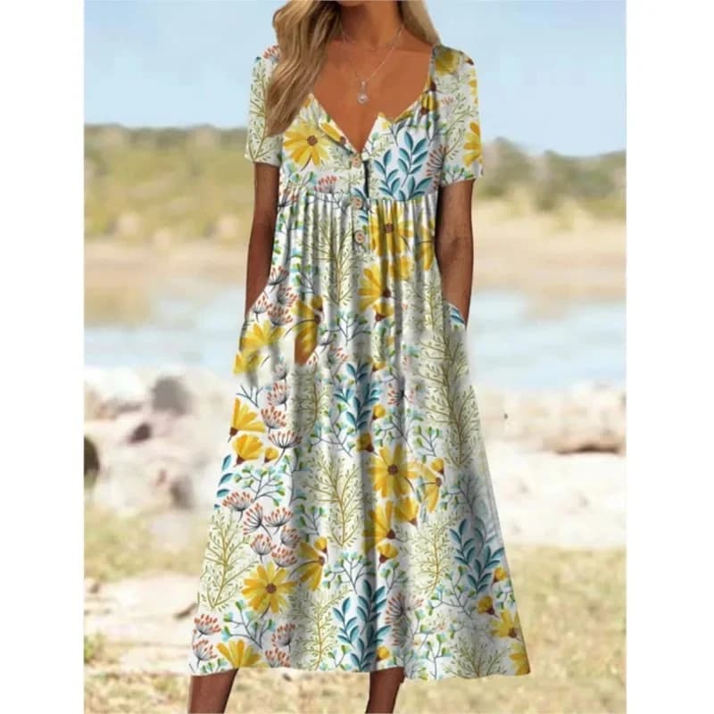 Robe longue à imprimé carillon pour femme, col en V, ligne A, bouton floral, poche, manches courtes, été, automne, nouveau, 2024