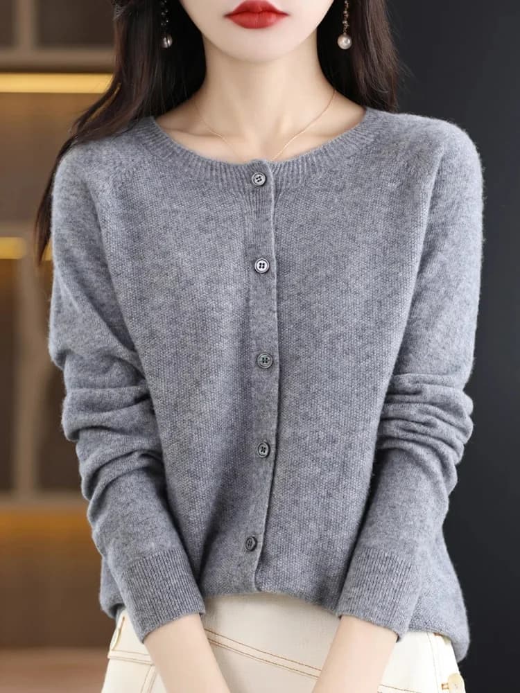 Femmes pull en cachemire 100% laine mérinos tricoté Cardigan automne hiver tricots col rond femme couleur unie décontracté haut tendance