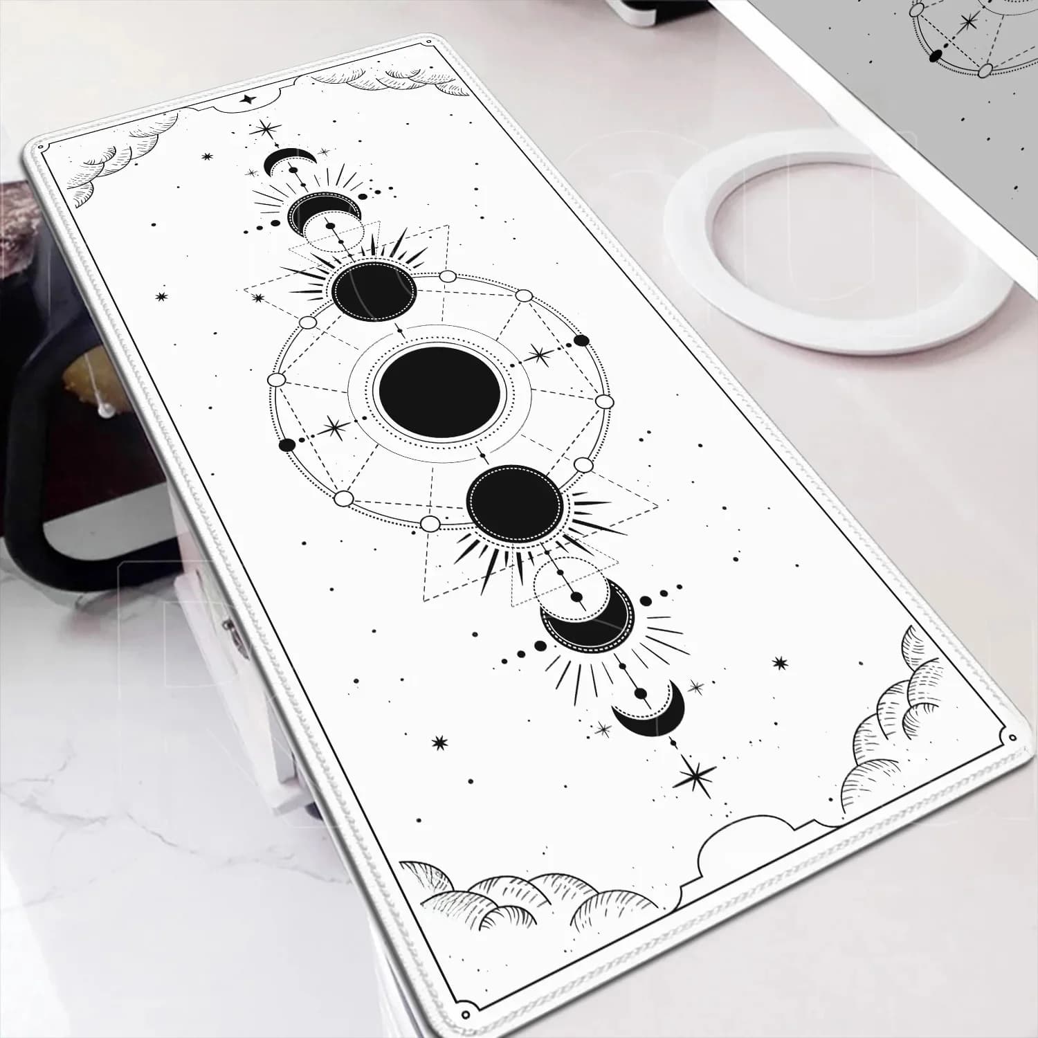 Tapis de bureau blanc et noir, esthétique tarot et astrologie, tapis de souris en caoutchouc 120x60cm, phases de lune célestes, antidérapant