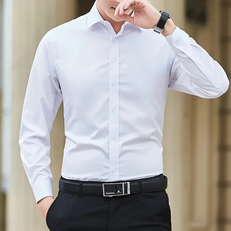 Chemise d'affaires à manches longues pour hommes, grande taille, couleur unie, mode classique, basique, décontractée, Slim, blanche, vêtements de
