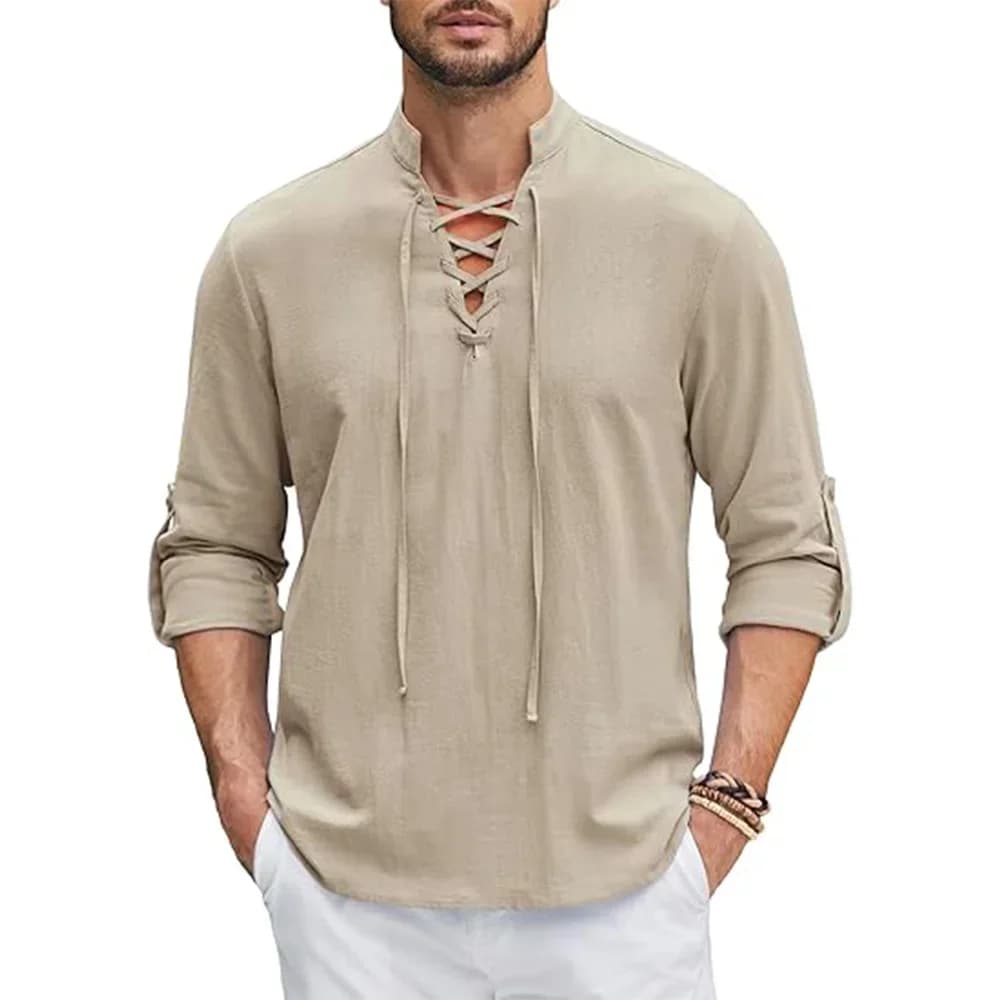 Chemise Renaissance pour hommes, haut Pirate Viking médiéval, chemises en coton et lin, manches longues, Costume d'halloween