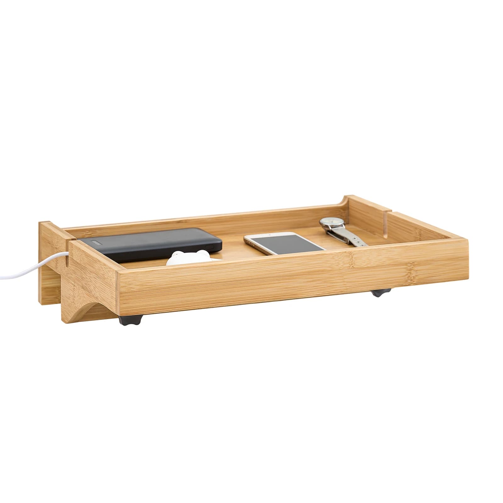 SoBuy NKD01 plateau de lit avec câble étagère de table de chevet pour télécommande de téléphone portable pinces en bambou BHT environ.