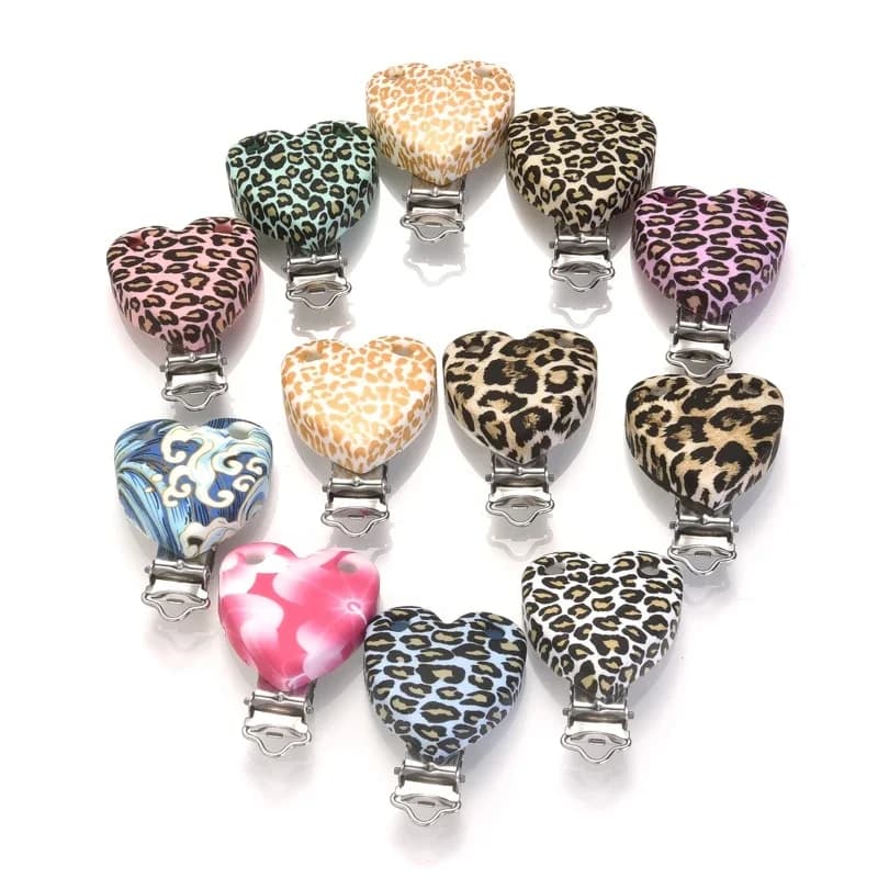 Attache-sucette en Silicone en forme de cœur léopard, 3 pièces, 38x50mm, bricolage, anneau de dentition pour bébé, collier, outil de perles,