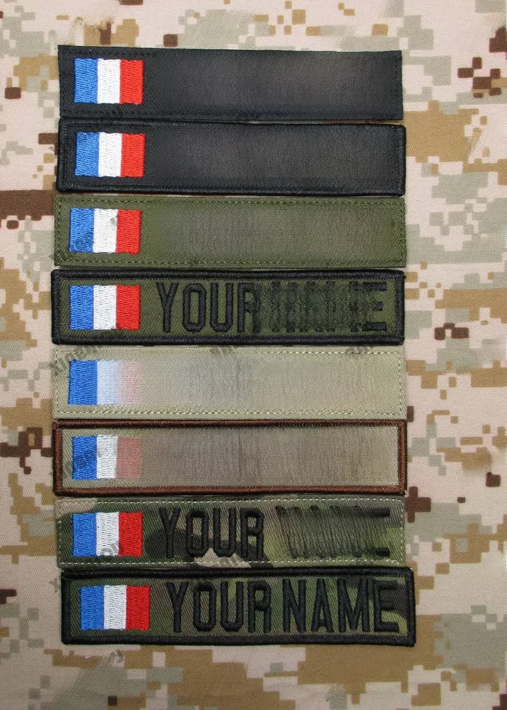 Patch brodé personnalisé drapeau de la France, ruban avec nom personnalisé, crochet et boucle, Multicam vert ACU noir Tan
