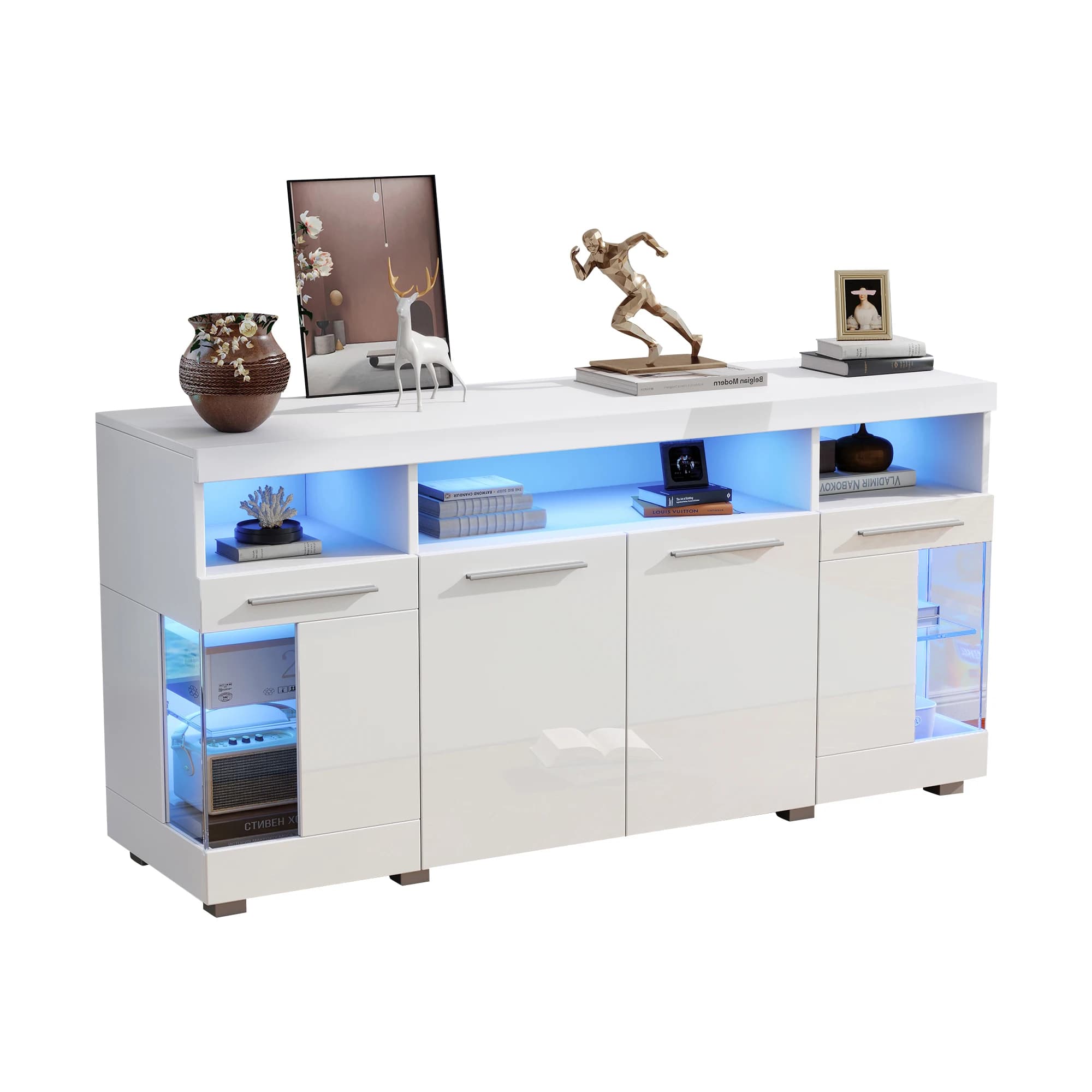 Buffet table d'appoint avec éclairage LED et verre de sécurité, meuble buffet à 3 compartiments,