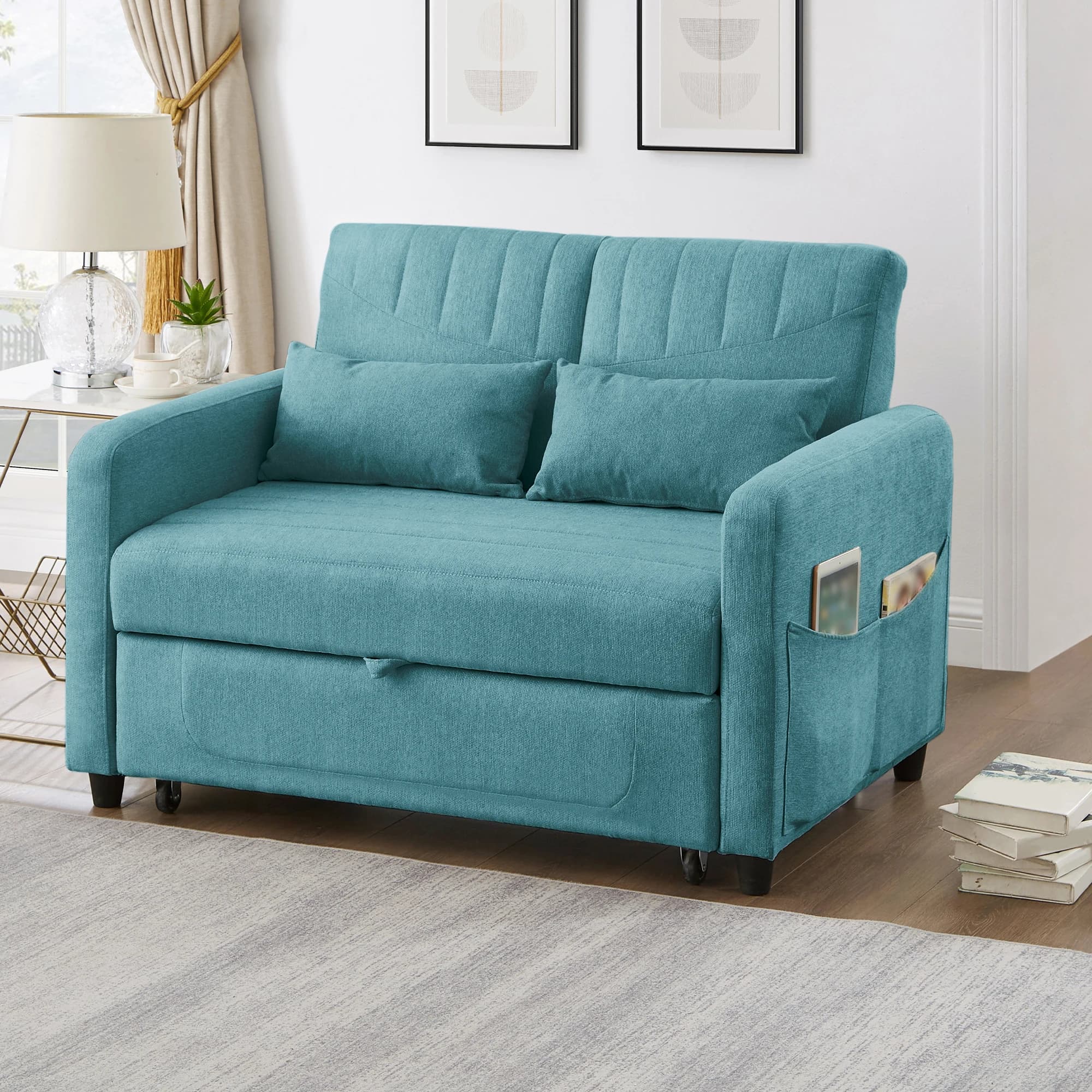 Canapé-lit, canapé-lit avec fonction couchage, dossier à 3 niveaux, tissu en coton et lin, vert sarcelle antique