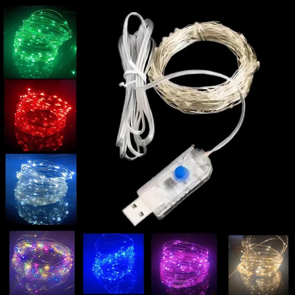 Guirlande lumineuse féerique Led en fil d'argent, alimentée par USB, étanche, pour l'extérieur, pour fête de noël, mariage, décoration DIY