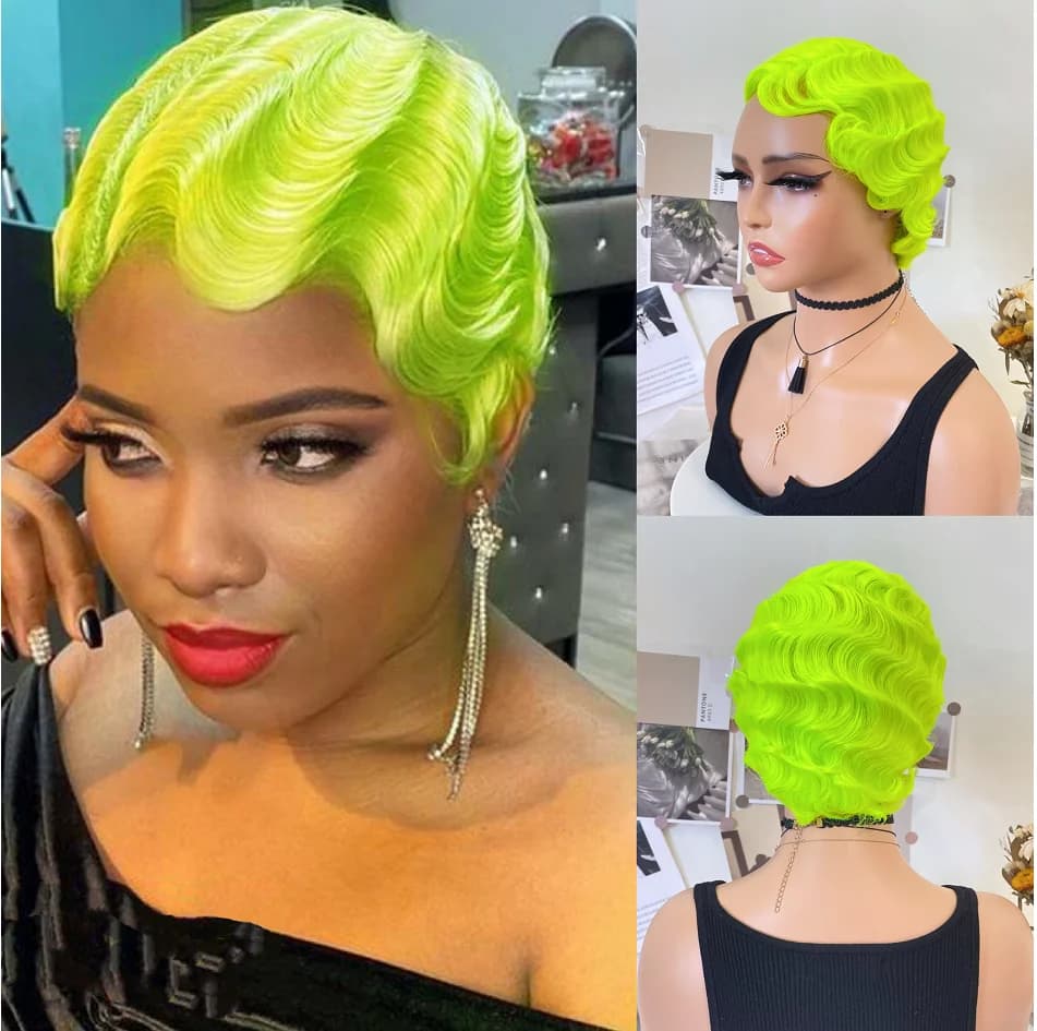 WIGERA – perruque synthétique ondulée verte fluorescente, perruque courte bouclée de couleur pour femmes, Cosplay des années 1920, fête