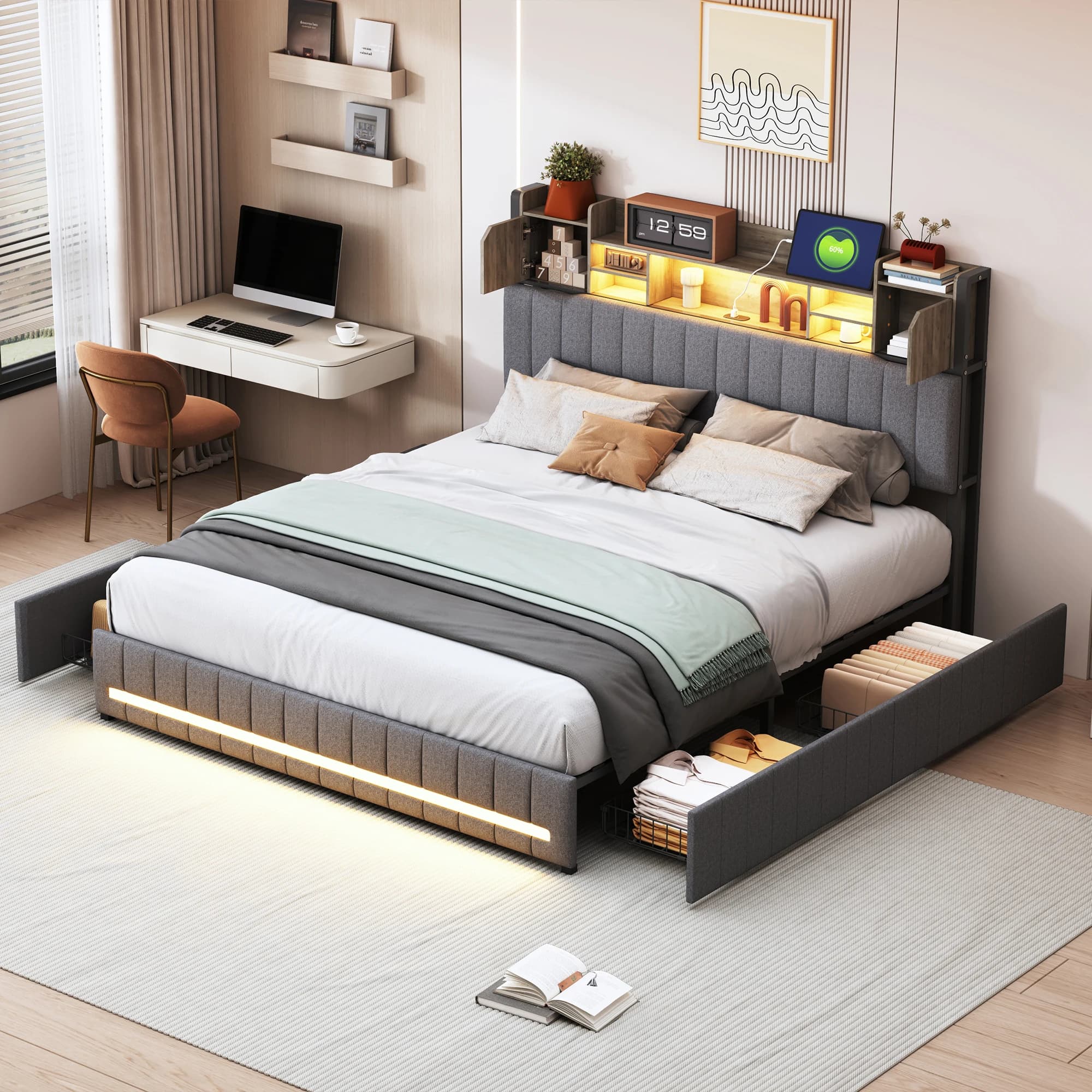 Rosahqnda Lit double rembourré avec tête de lit LED et port USB, lit de rangement avec 4 tiroirs de rangement, linge, sans matelas
