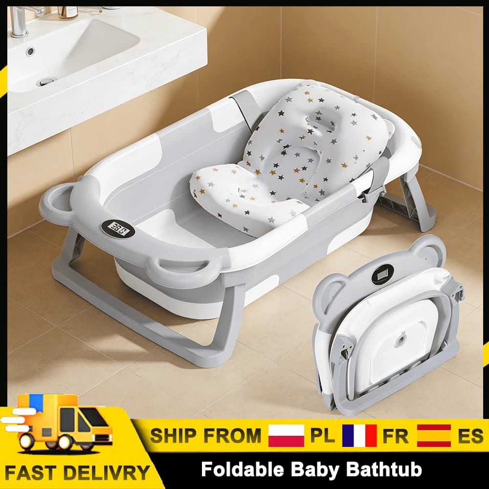 Baignoire pliable pour bébé, douche portable pour nouveau-né avec capteur de température et coussin doux, accessoires de bain pour bébé pour la