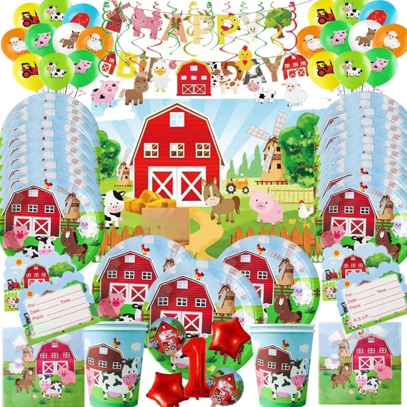 Décoration de fête d'anniversaire sur le thème de la ferme et de la vache, nappe d'animaux, assiettes de poulet standard, drapeaux, ballon de
