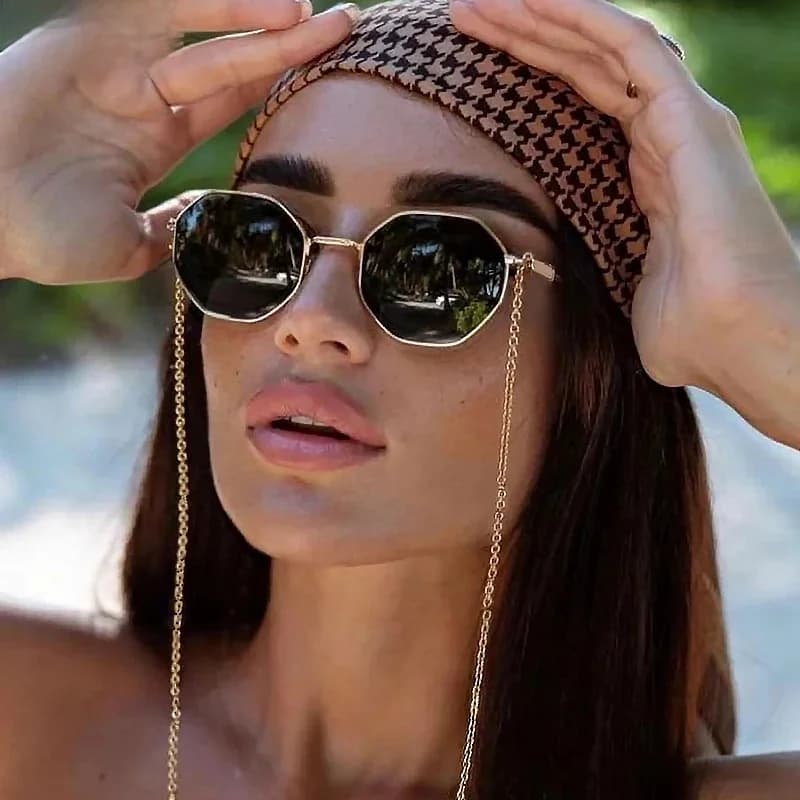 Lunettes de soleil polygonales pour femmes avec chaîne 2026 – Marque de luxe, tendances uniques, lunettes octogonales pour dames, montures carrées