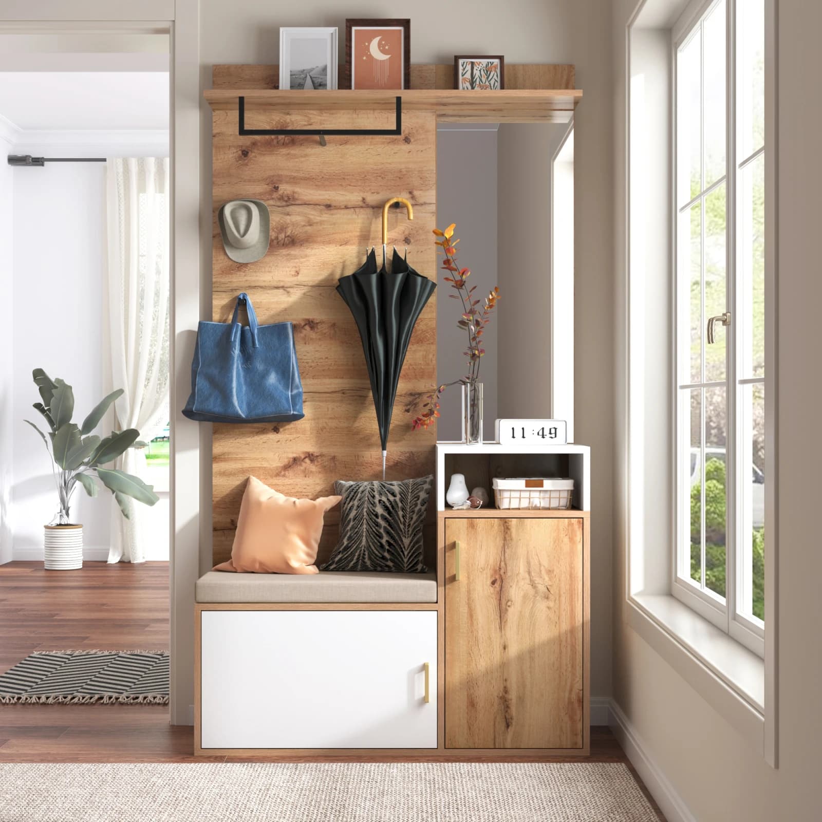 Rosahqnda Ensemble de armoires élégantes blanches et en bois avec miroir, armoire à chaussures, armoire murale