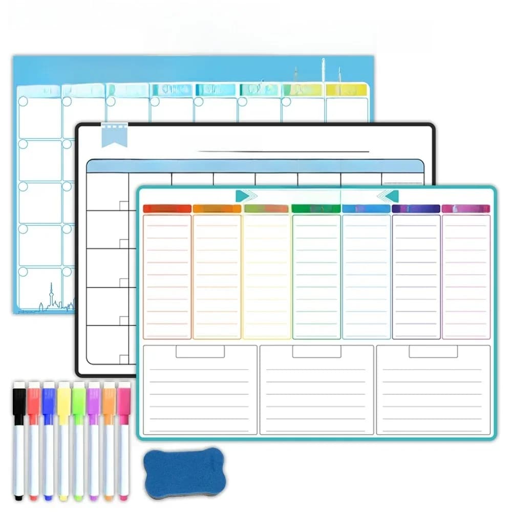 Planificateur hebdomadaire et mensuel magnétique format A3: espagnol, français, anglais. Calendrier autocollant pour tableau blanc effaçable à sec