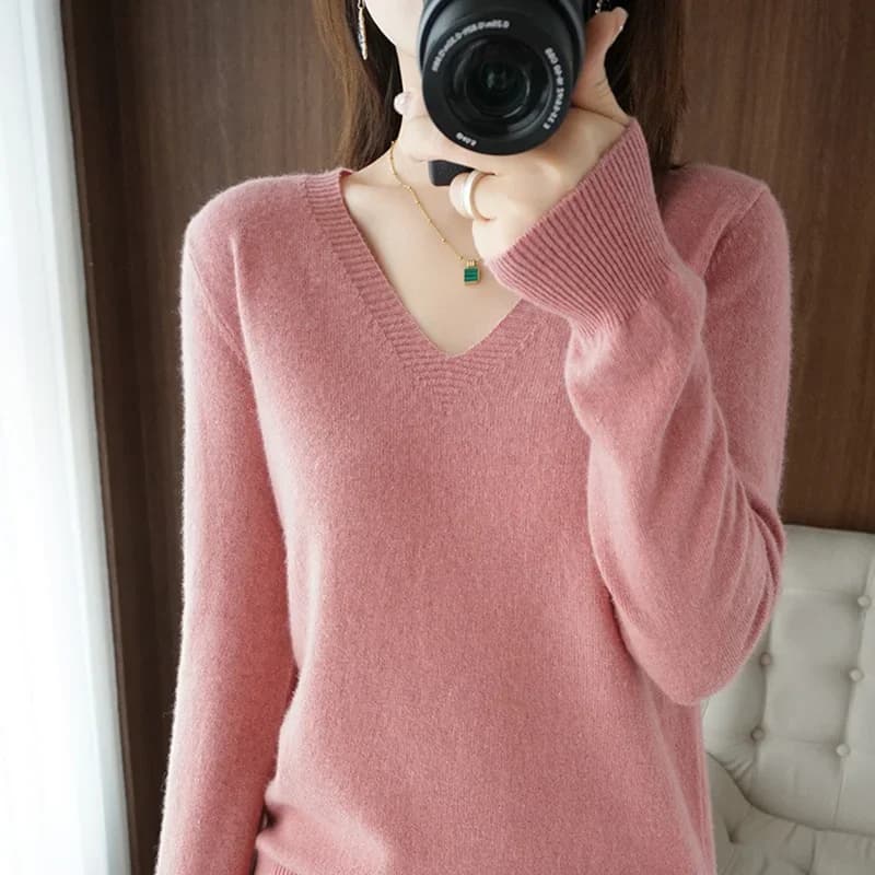 Pull en cachemire à col en V pour femme, col en dentelle, design évidé, décontracté, manches longues, automne, hiver, nouveau