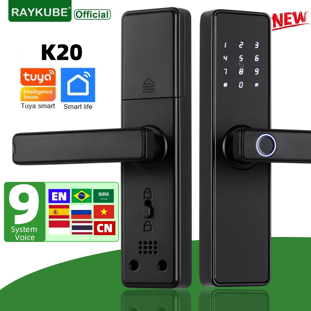 RAYKUBE K20 serrure de porte biométrique à empreintes digitales 9 langues serrure de porte électronique avec application Tuya/carte IC/mot de