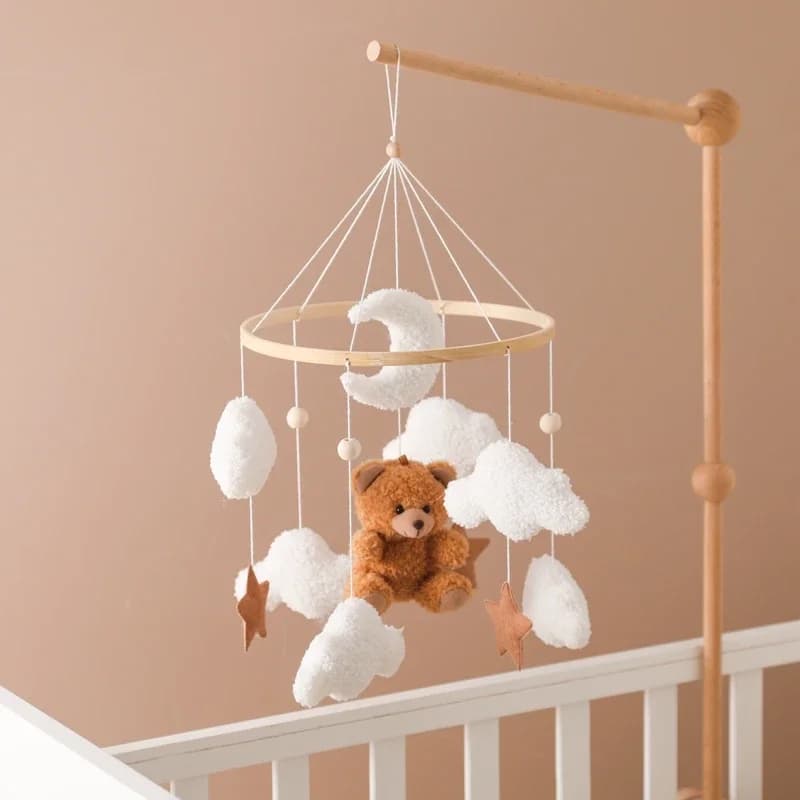 Mobile de lit bébé en bois avec hochet, jouet en feutre doux motif ours de dessin animé, support de suspension pour boîte à musique nouveau-né