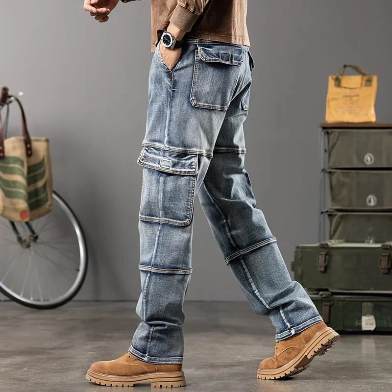 Jeans multi-poches coupe droite pour hommes, vêtements de travail à jambes larges en plein air, grande taille, 42, 44, nouveaux styles, automne et