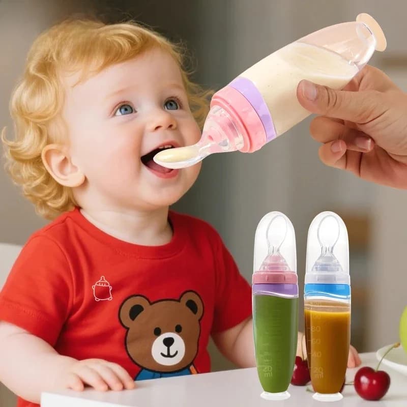 Mangeoire à presser en Silicone liquide pour bébé, 120 ml/4oz |   Distributeur de purée de fruits et de pâte de riz |   Cuillère amovible