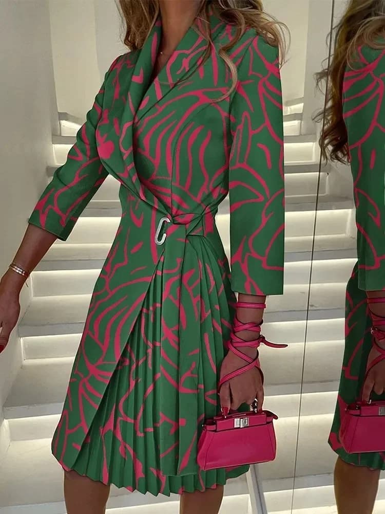 Robe Sexy pour femmes, col en v, bretelles imprimées à la mode, avec taille cintrée plissée, manches cinq quarts, longueur aux genoux, automne
