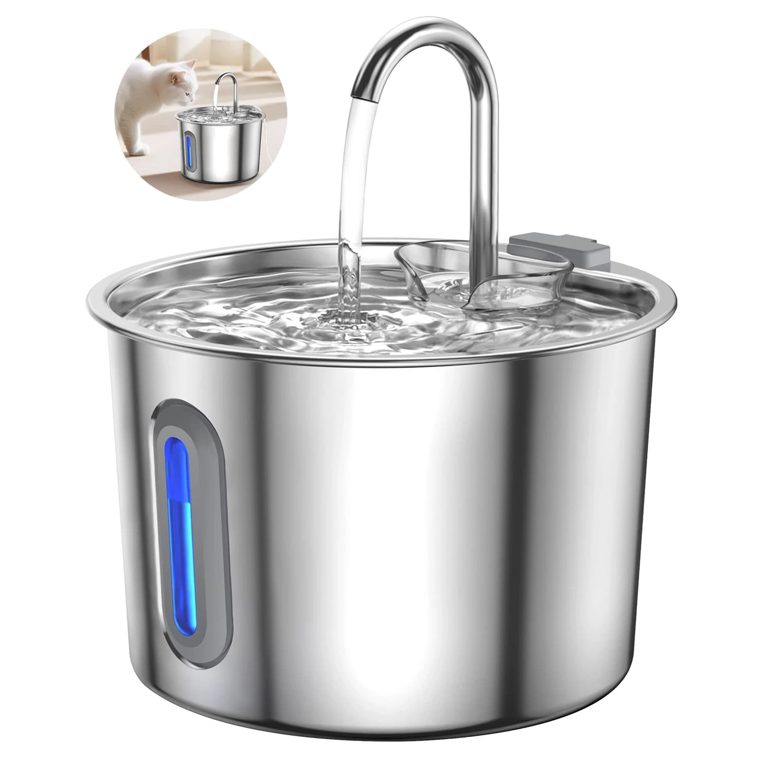 Fontaine à eau automatique pour animaux de compagnie en acier inoxydable de 2,2 L, distributeur d'eau pour chat et chien, bol à boire avec fenêtre
