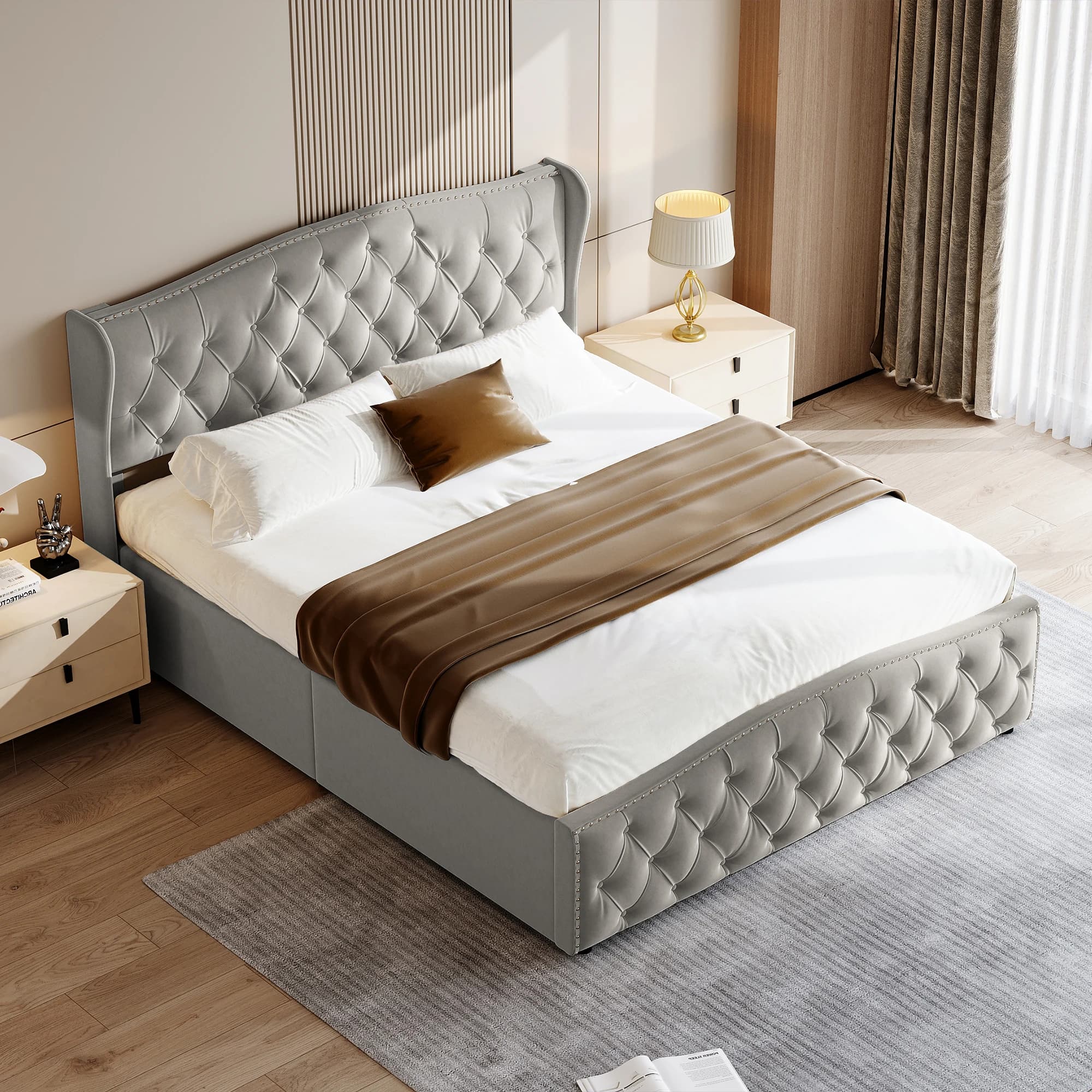 Lit hydraulique Rosahqnda de style moderne, lit double élégant pour jeunes enfants et adultes, sans matelas