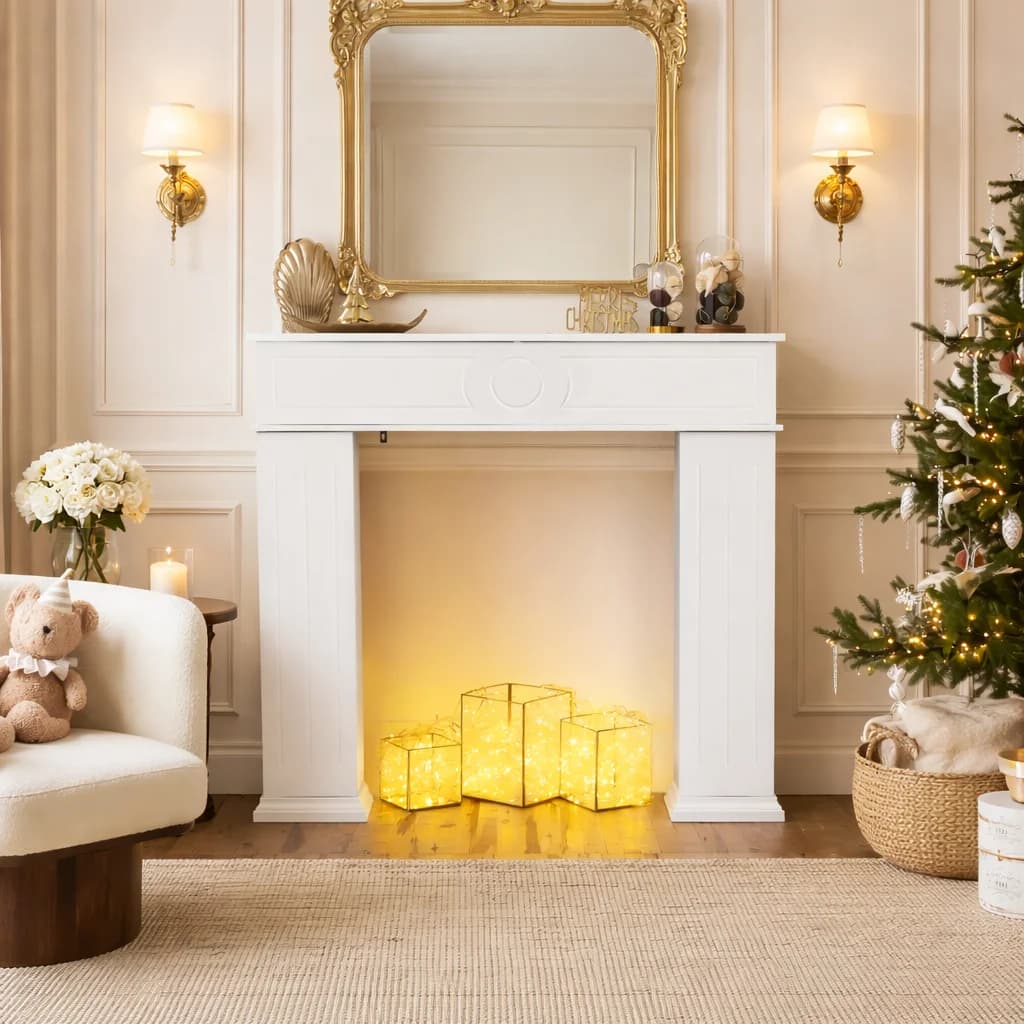 Console de cheminée avec rangement, 107x100 cm, armoire de cheminée à trois portes, meuble de cheminée avec compartiment secret, cadre de