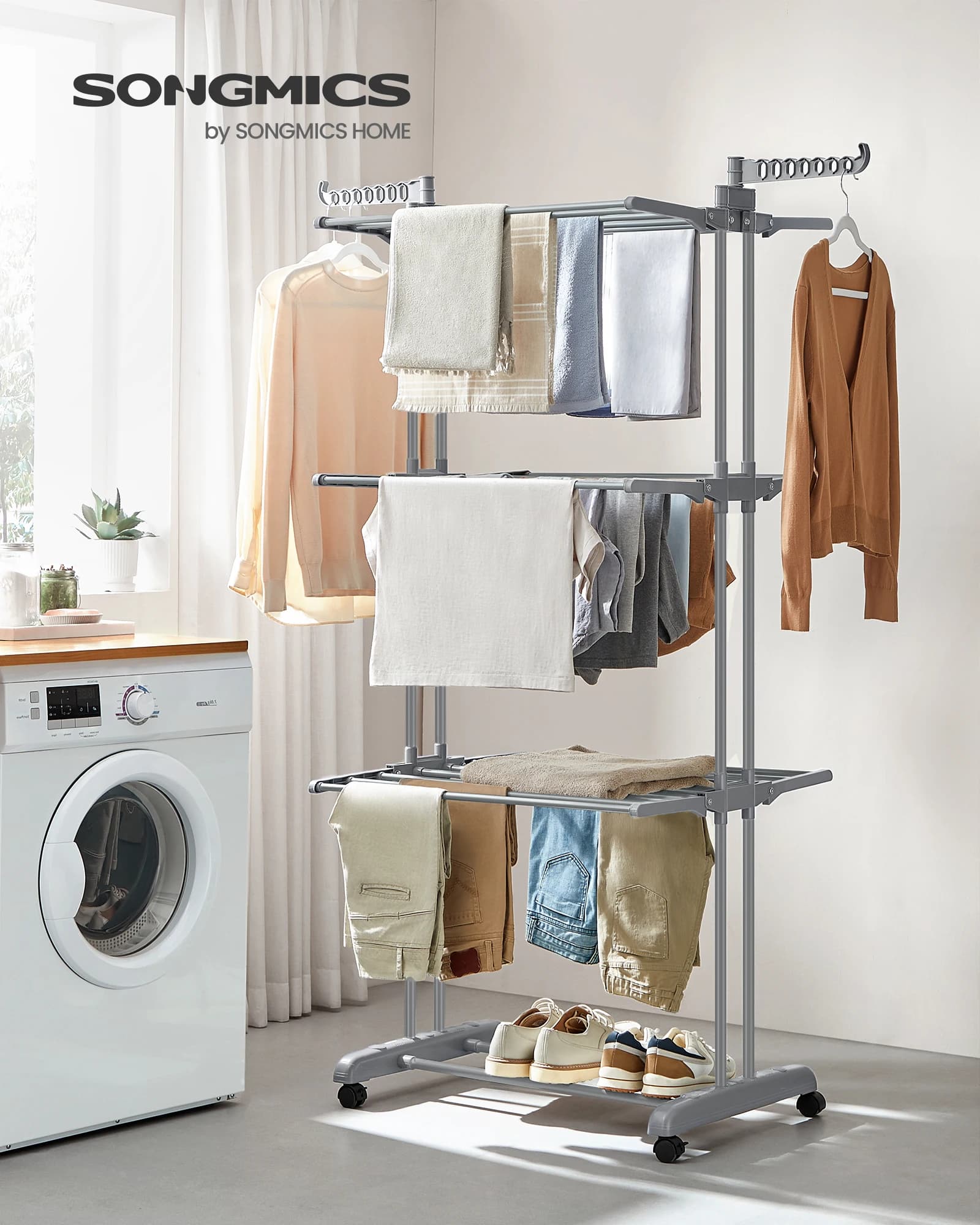 SONGMICS Étendoir à Linge, Séchoir Mobile à 4 Niveaux, avec roulettes, Pliable, 63,5 x 128 x 173 cm, Grande Capacité, Montage Facile, Utilisation