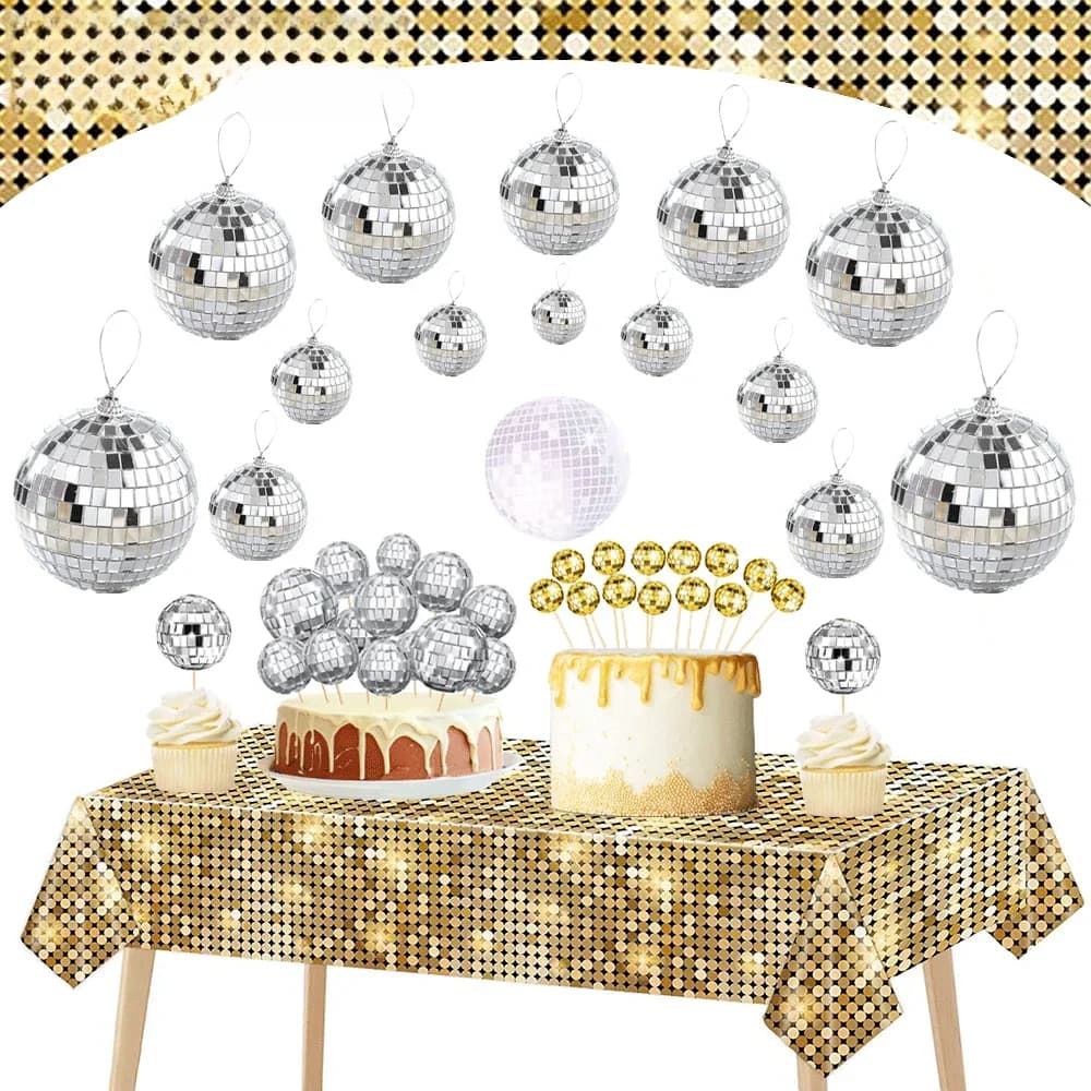 Décor de fête d'anniversaire Disco des années 70, 80 et 90, nappe à paillettes, boule réfléchissante, décoration de gâteau, boule de miroir de
