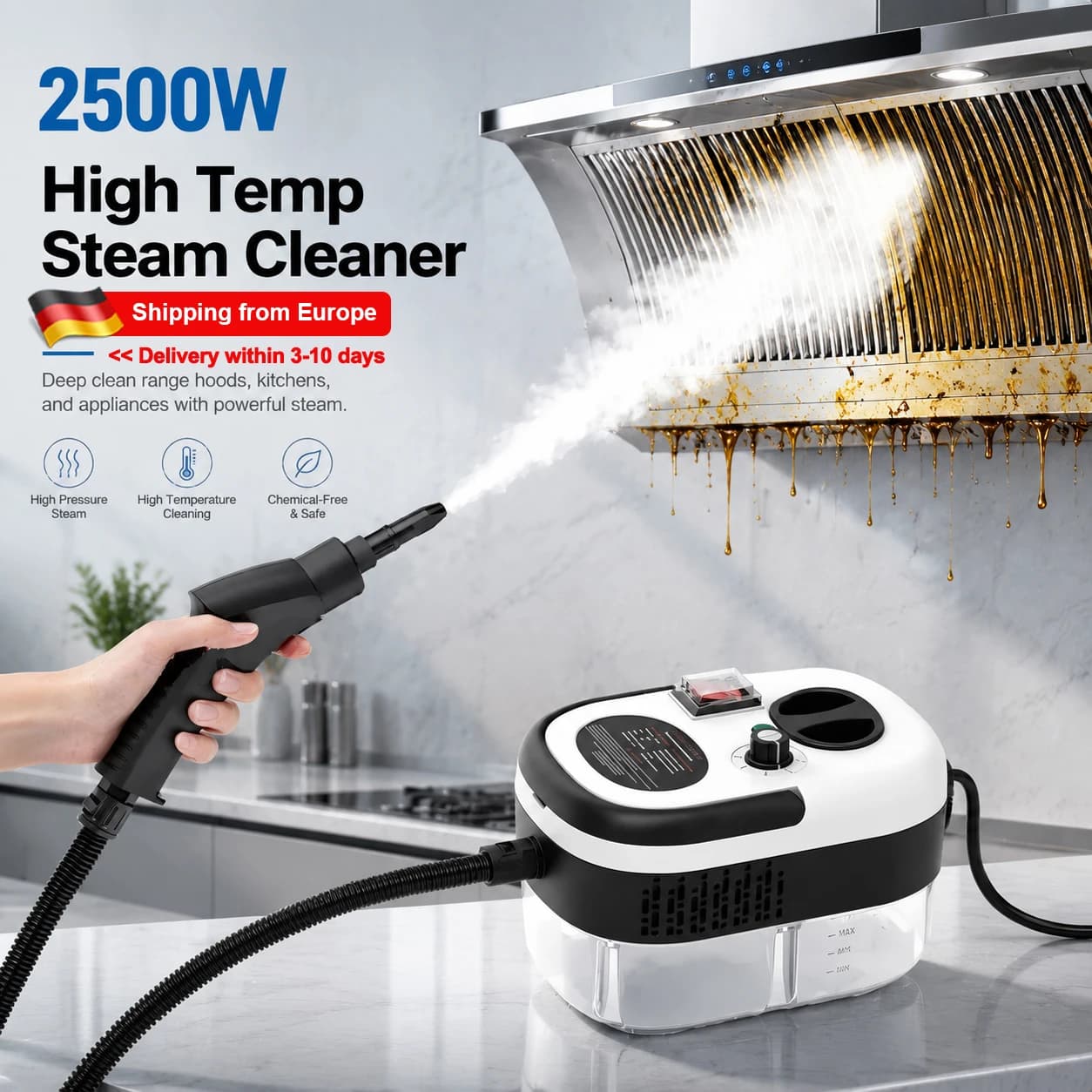 Nettoyeur Vapeur DMHL 2500W 220V Prise EU, Stérilisation Haute Température, Nettoyeur à Jet sous Pression, Outil de Nettoyage du Verre pour Maison,