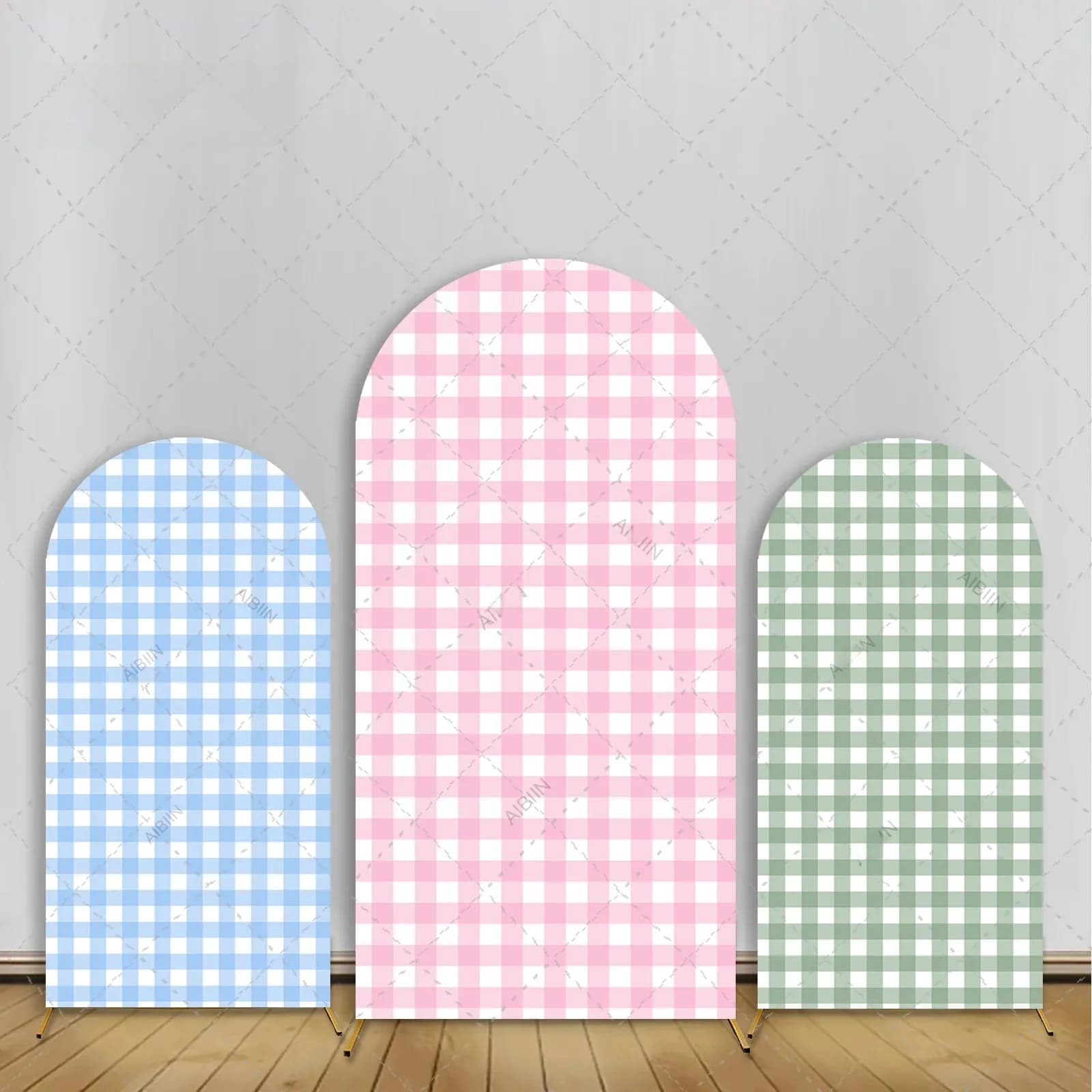 Couverture d'arrière-plan en arc de grille de différentes couleurs, bleu bébé rose, révélation du sexe, décor de fête prénatale,