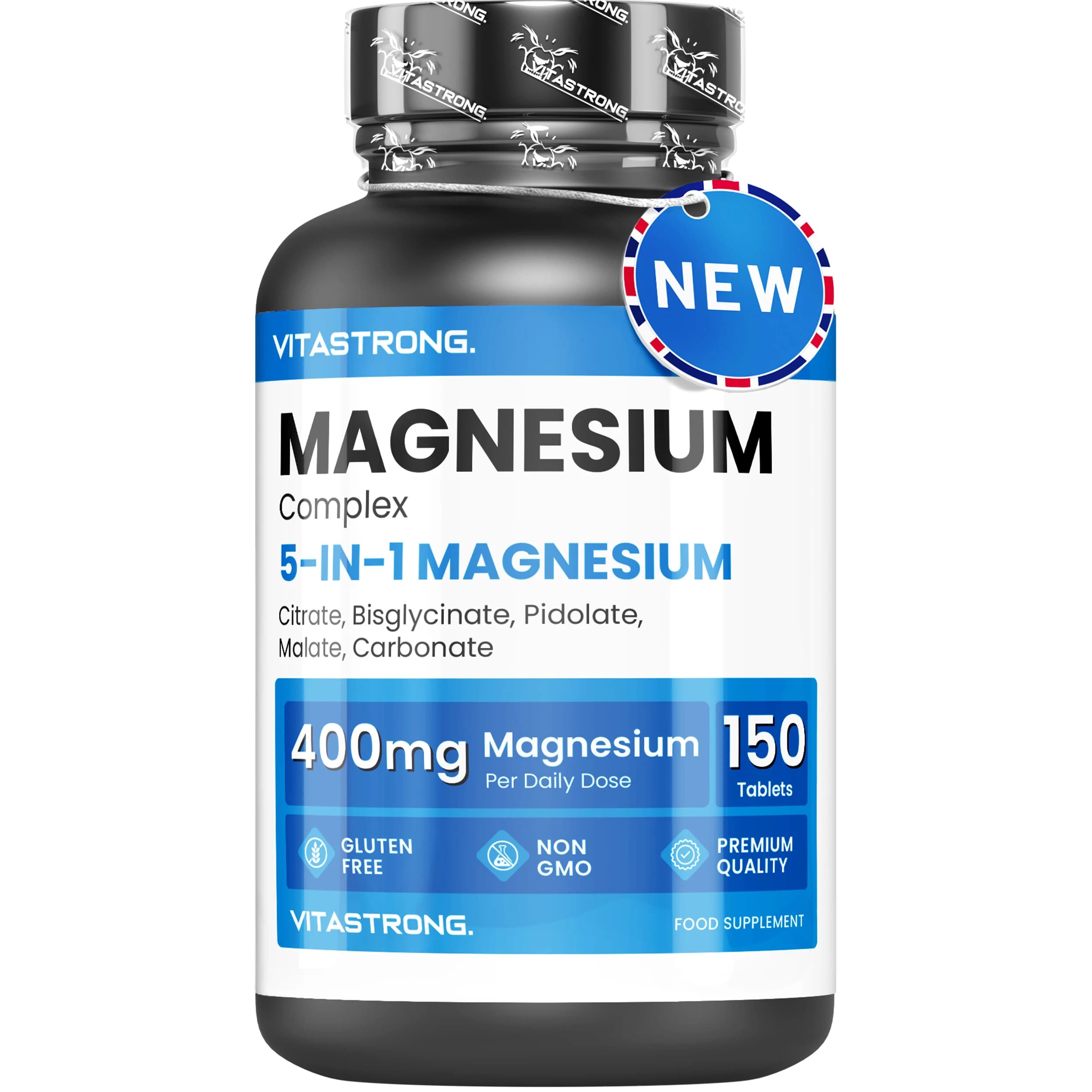 Vitastrong Complexe de magnésium 400mg - Béglicinate de magnésium-magnésium 5 en 1 + Citrate de magnésium + Pidolate + Malade et