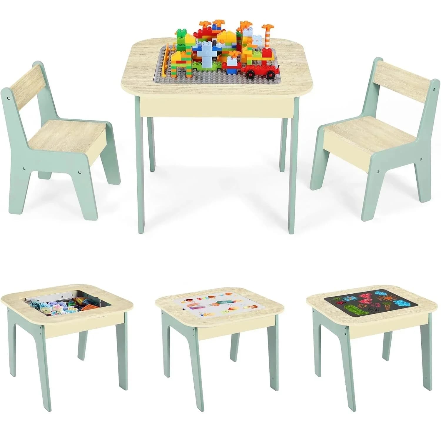 Table d'activité pour enfants et 2 chaises avec rangement, plateau de bloc de construction en bois 2 en 1 pour arts, artisanat, lecture, préscolaire