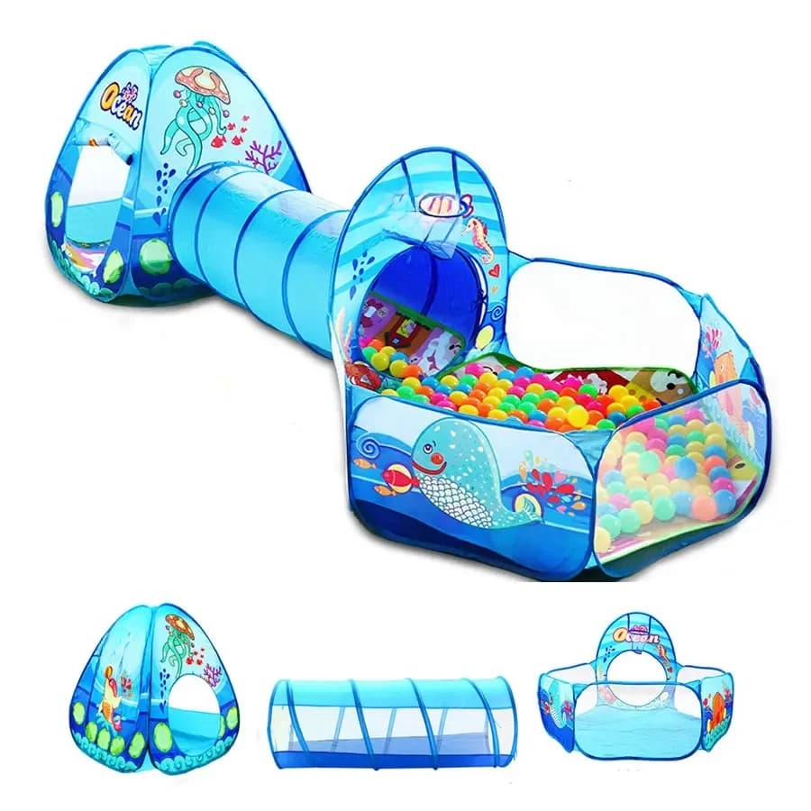 Tente Pop-up Portable 3 en 1 pour Enfant, Tunnel d'Extérieur, Piscine à Balles, Maison de Jeu
