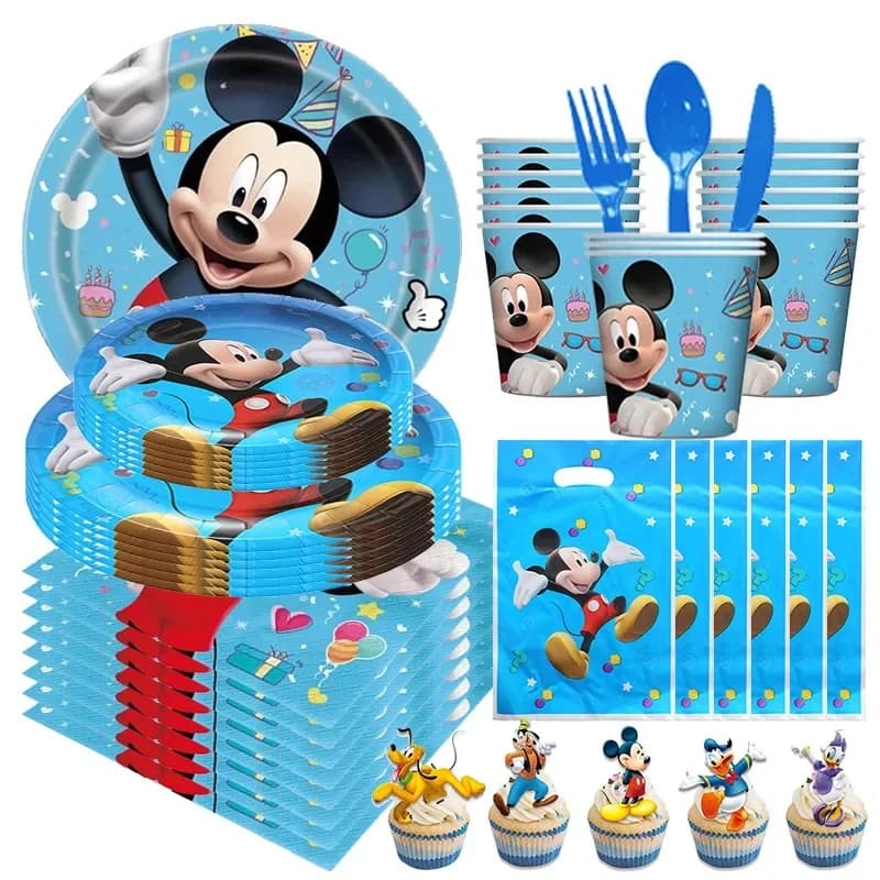 Ensemble de décoration d'anniversaire Mickey Mouse bleu, vaisselle, assiettes, tasses, serviettes, nappe, ballon pour enfants, fournitures de fête