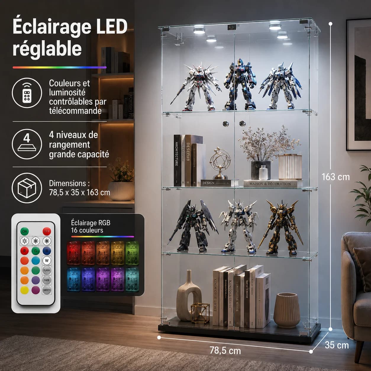 Vitrine à 4 Niveaux avec 2 Portes et Éclairage LED Réglable, Vitrine de Collection Verrouillable, Bibliothèque Autoportante pour Salon, Chambre