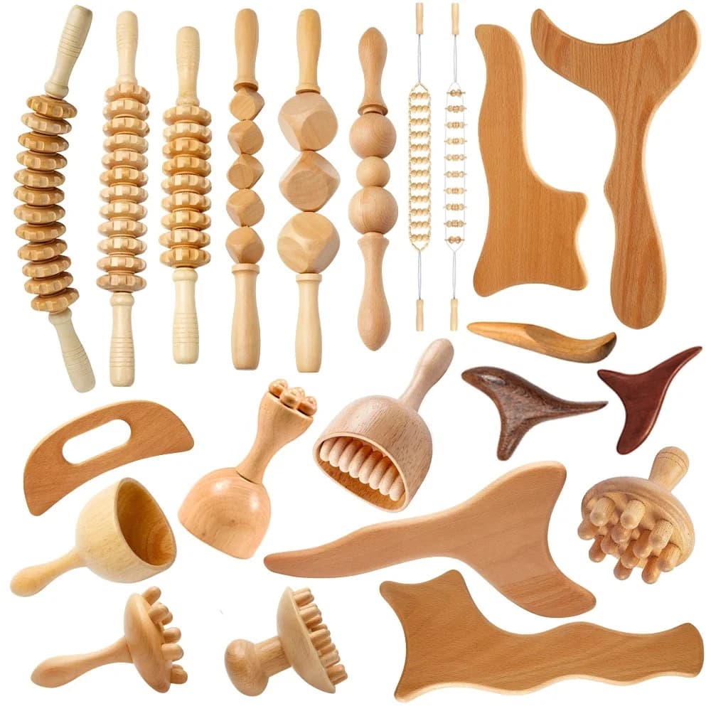 Outils de massage en bois : Planche Gua Sha, Grattoir en bois, Rouleaux de massage, Outil de drainage lymphatique pour la réduction de la cellulite