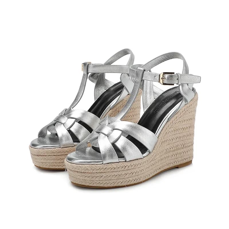 Talons hauts en forme de coin pour femmes, sandales en cuir véritable, chaussures de soirée à bout ouvert à la mode romaine, sandales d'été pour