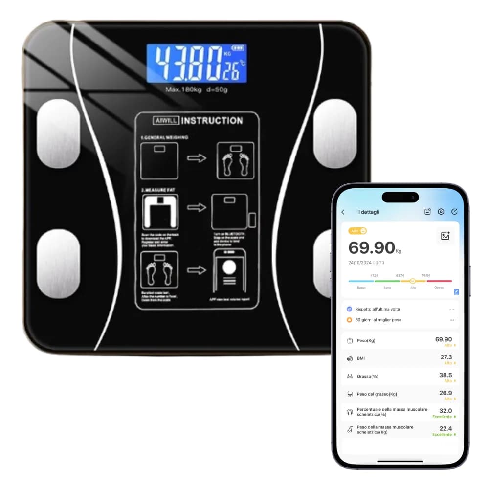 Balance Bluetooth pour personnes de poids 180 kg avec application de surveillance complète de la composition corporelle